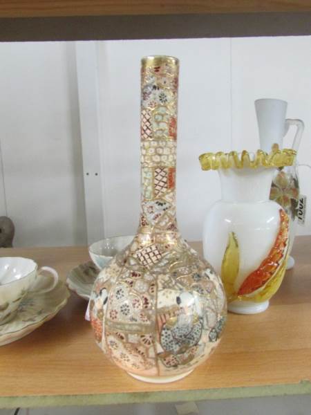 A Satsuma 'bottle' vase and a pair of porcelain cups and saucers. - Image 2 of 5