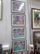 A set of 4 framed and glazed prints of dogs playing pool.