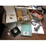 A mixed lot including jewellery, corkscrews, coins etc.