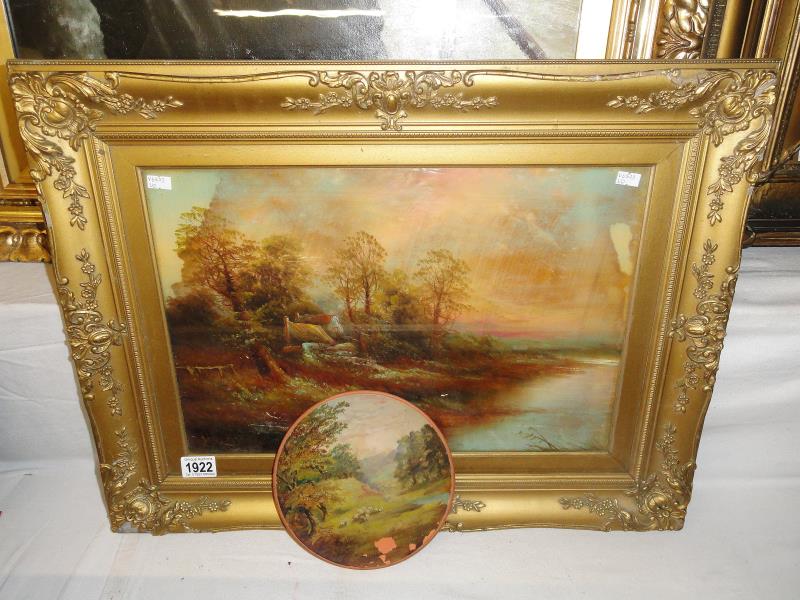 An oil painting pastoral scene featuring cottage and river.