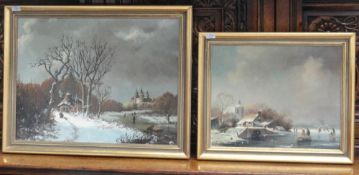 2 19th century Dutch oil on canvas winter scenes including skaters one signed Frederiks,