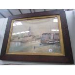 An oak framed and glazed harbour watercolour.