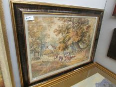 A framed and glazed rural scene with cattle signed P Worley, image 69 x 49 cm.