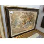 A framed and glazed rural scene with cattle signed P Worley, image 69 x 49 cm.