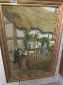 An oil on board cottage scene with elderly men chatting signed R A H Bailey, image 73 x 49 cm.