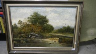 An oil painting by William Langley (1852-1922) of a river flowing through woodland, signed, a/f.