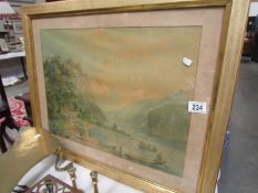 A framed and glazed watercolour lake scene.