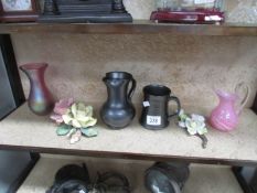 A glass vase, glass jug, ceramic tankard, ceramic jug and 2 porcelain posies.