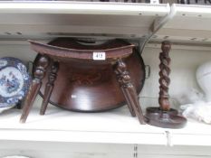 A mahogany inlaid tray, a stool and a pair of oak barley twist candlesticks.