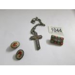An early 20th century micro mosaic cross pendant together with a later brooch and earrings.
