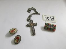 An early 20th century micro mosaic cross pendant together with a later brooch and earrings.