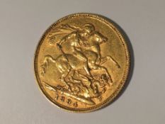 An 1894 Queen Victoria gold sovereign.