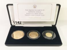 The Queen Elizabeth II Sapphire Jubilee 22ct gold proof coin collection, £5, £2 and £1.