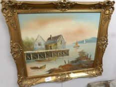 A gilt framed oil on board lake scene signed Asman, image 59 x 49 cm,