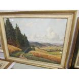 A framed and glazed rural scene water colour signed Willy Hanpe, image 80 x 60 cm.