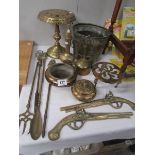 A brass trivet, brass planter, toasting fork etc.