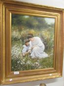 Oil on canvas, lady and child in field, signed D J Koft?.