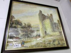 A framed and glazed watercolour depicting a ruined castle, image 53 x 46 cm.