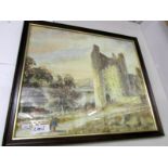 A framed and glazed watercolour depicting a ruined castle, image 53 x 46 cm.