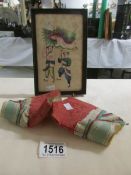 An oriental picture and a pair of Chinese children's fabric boots.