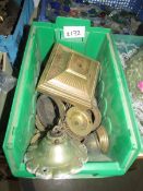A tray of brass lamp parts etc.