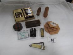 A mixed lot including treen, cigar cutter, boxes, cigarette lighter etc.