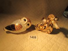 2 Royal Crown Derby Paperweights being a seahorse and an owl,.