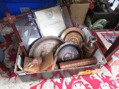 A box of assorted wooden items.