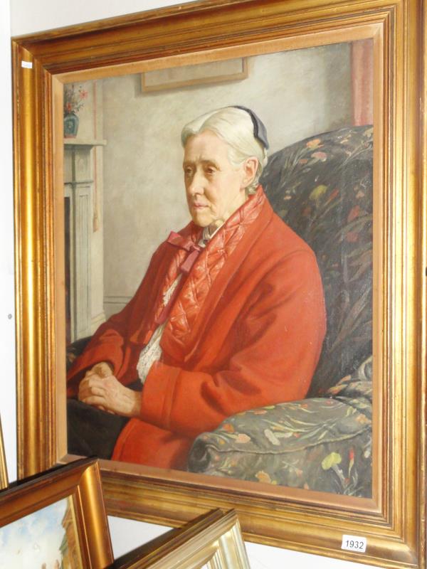 A large gilt framed oil on canvas portrait 'Miss Dacre' by Francis Edgar Dodd.