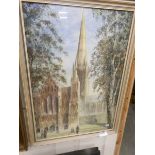 A framed and glazed watercolour cathedral scene,