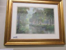 A framed and glazed watercolour river scene, signed but indistinct.