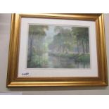 A framed and glazed watercolour river scene, signed but indistinct.