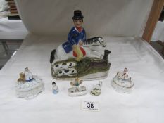 A Staffordshire flat back figure, 2 Victorian figural trinket boxes,