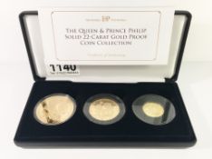 The Queen Elizabeth II and Prince Philip 22ct gold proof coin collection, £5, £2 and £1.