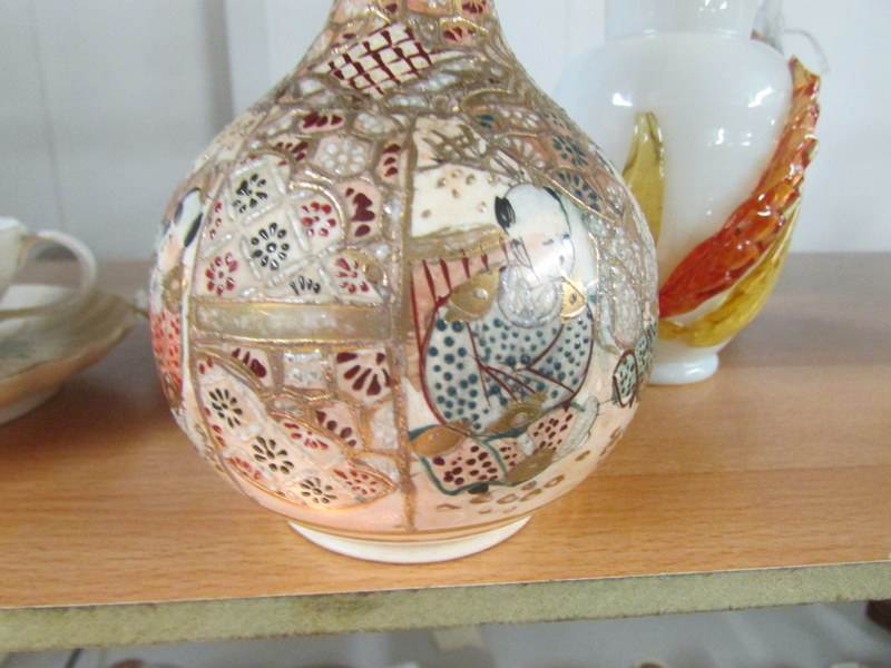 A Satsuma 'bottle' vase and a pair of porcelain cups and saucers. - Image 3 of 5