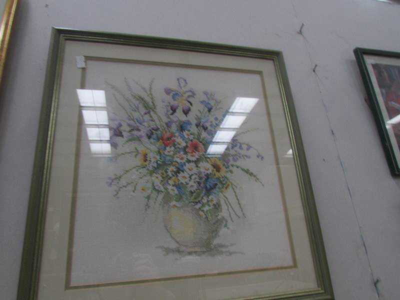 3 framed and glazed floral embroideries/tapestries. - Image 3 of 4