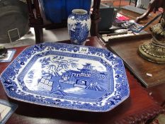 A Burleigh willow pattern meat platter and vase.