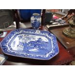 A Burleigh willow pattern meat platter and vase.