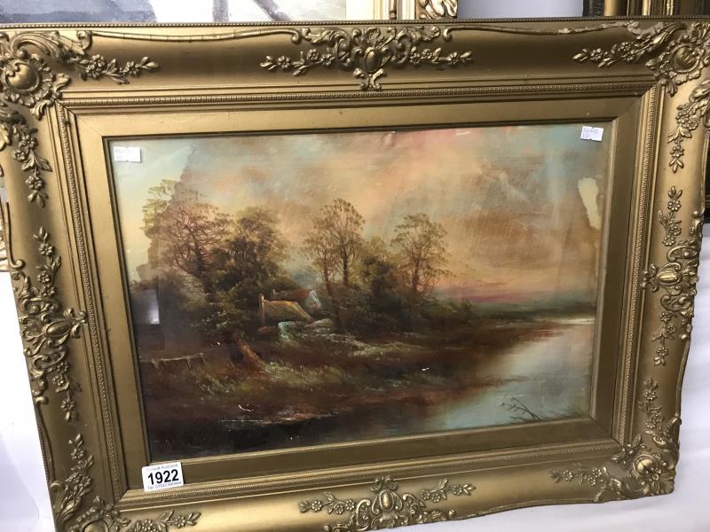 An oil painting pastoral scene featuring cottage and river. - Image 2 of 8