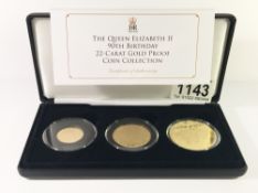 The Queen Elizabeth II 90th birthday 22ct gold proof coin collection, £5, £2 and £1.