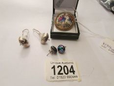 A pair of pendant earrings in silver with a further pair in a stone setting and A French Limoges