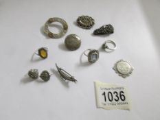 3 dress rings including silver, a silver scarf clip, 4 silver brooches (2 a/f), fob etc.