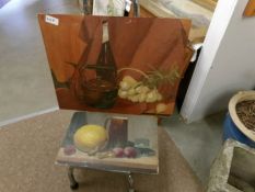 2 unframed still life on board studies, 63 x 50 cm and 47 x 31 cm.