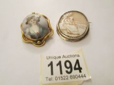 A cameo brooch of a young woman in white metal mount together with a Victorian painted porcelain