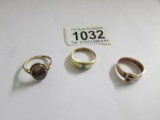 2 9ct gold rings set stone and a 9ct gold 'buckle' ring, sizes L M & O, 9.9 grams.