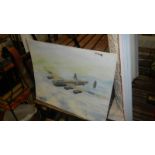 An unframed aeronautical painting signed F V Ellis 1987.