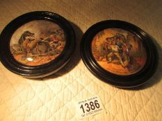 2 framed Victorian Pratt ware pot lids entitled 'The Wolf and the Lamb' and 'War'