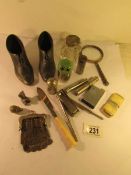 A mixed lot of interesting items including pair of metal shoe pin cushions (missing cushions),