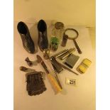 A mixed lot of interesting items including pair of metal shoe pin cushions (missing cushions),