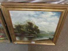 A gilt framed oil on canvas river scene, signed Baker B, image 60 x 50 cm.